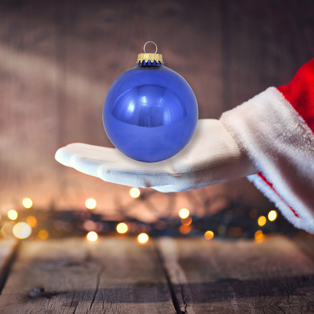 Glass Christmas Tree Ornaments - 80mm / 3.25" [4 Pieces] Designer Balls from Christmas By Krebs Seamless Hanging Holiday Decor (Victoria Blue Shine)