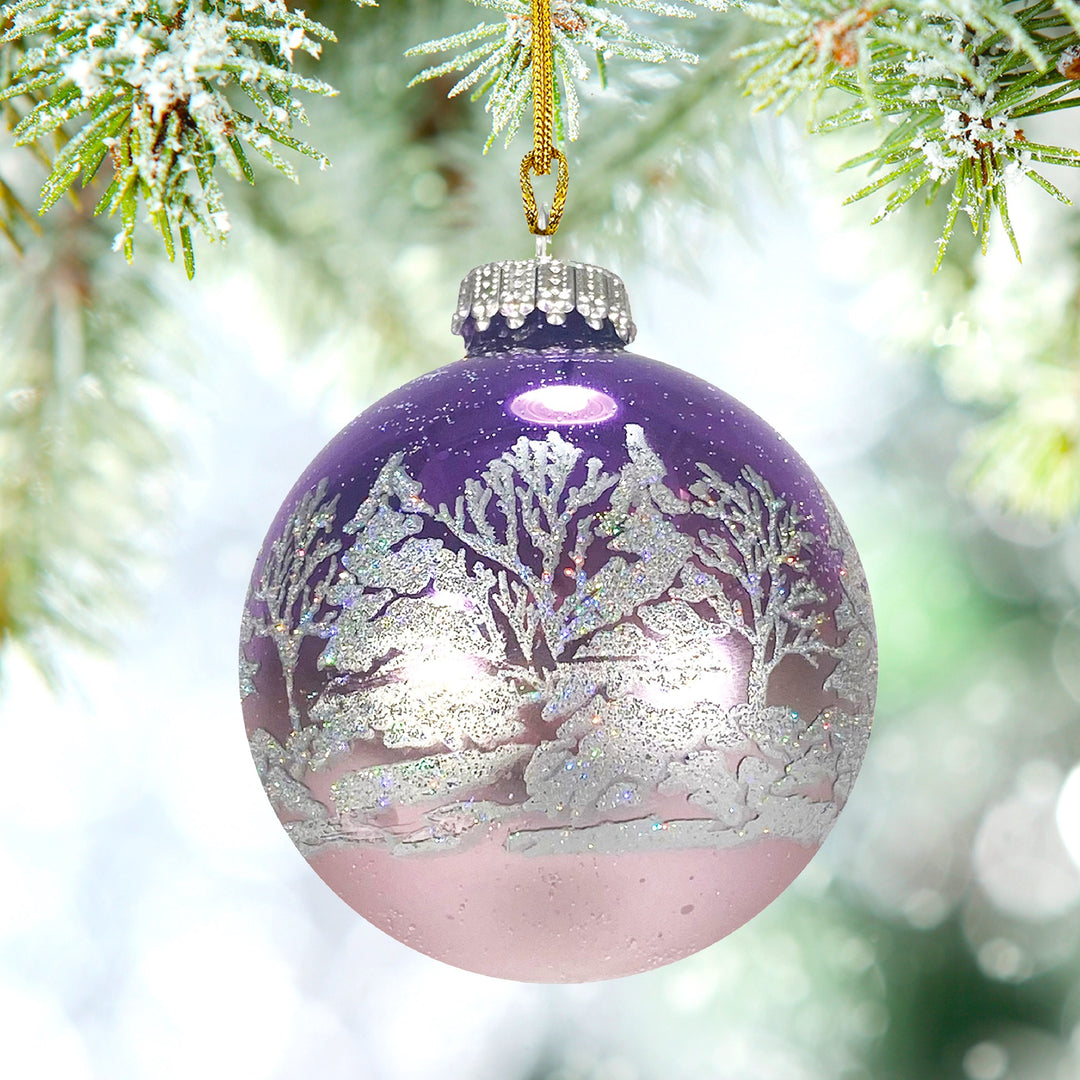 Glass Christmas Tree Ornaments - 67mm/2.625" [4 Pieces] Decorated Balls from Christmas by Krebs Seamless Hanging Holiday Decor (Shiny Purple and Gray Velvet with White Trees)