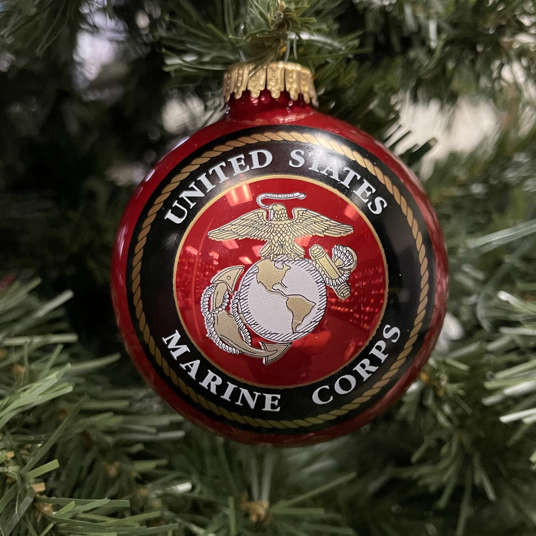 Christmas Tree Ornaments Made in the USA - 80mm / 3.25" Decorated Collectible Glass Balls from Christmas by Krebs - Handmade Hanging Holiday Decoration for Trees (USMC Logo & Hymn)