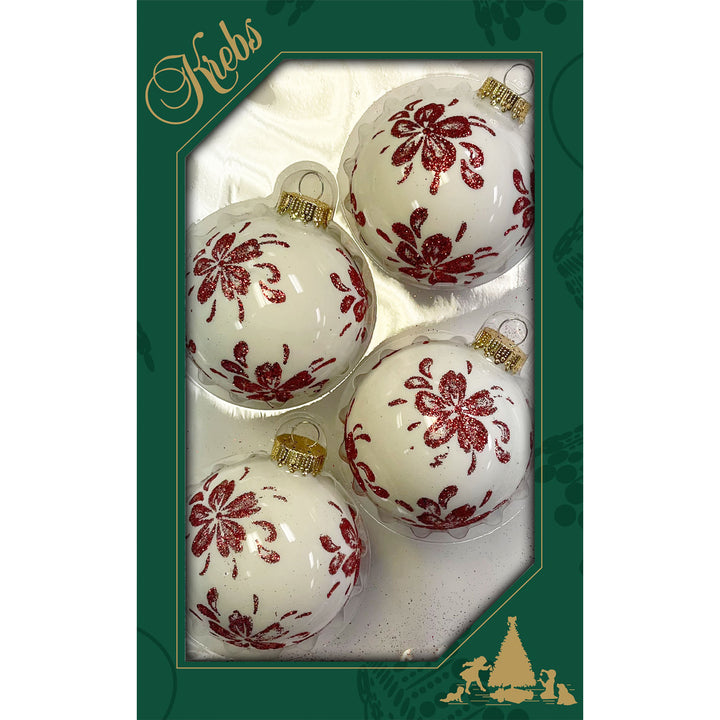 Glass Christmas Tree Ornaments - 67mm/2.625" [4 Pieces] Decorated Balls from Christmas by Krebs Seamless Hanging Holiday Decor (Porcelain White with Red Christmas Flower)