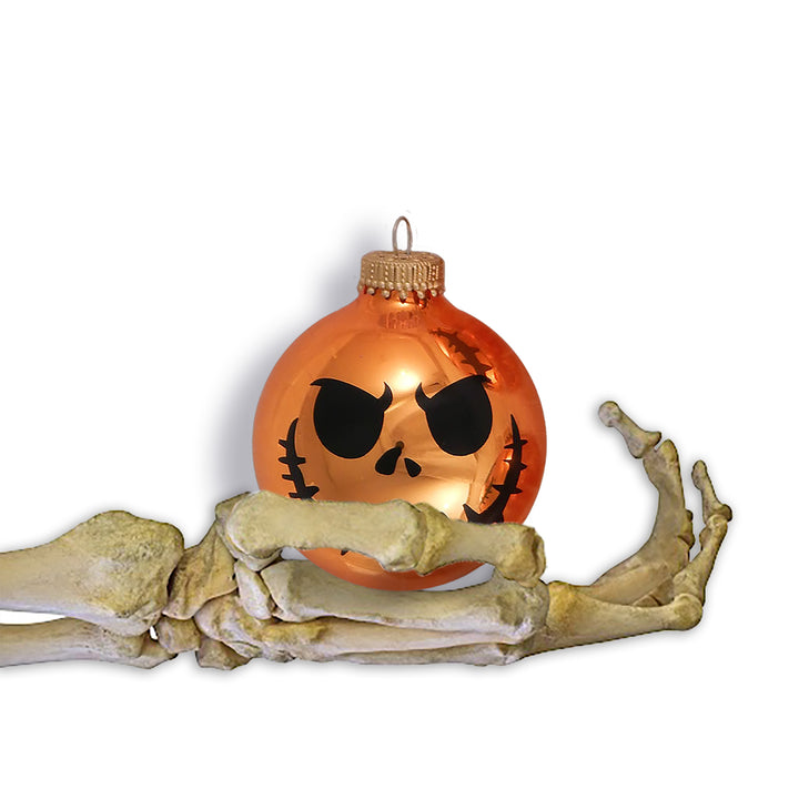 Halloween Tree Ornaments - 67mm/2.625" Decorated Glass Balls from Christmas by Krebs - Handmade Seamless Hanging Holiday Decorations for Trees - Set of 4 (Orange Crush with Scary Face #2)
