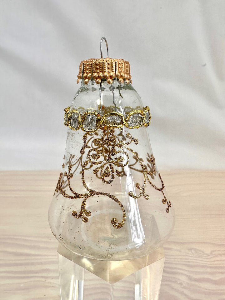 Glass Christmas Tree Ornaments - 67mm/2.63" [4 Pieces] Decorated Balls from Christmas by Krebs Seamless Hanging Holiday Decor (Clear 3" Bells with Glitterlace and Braid)