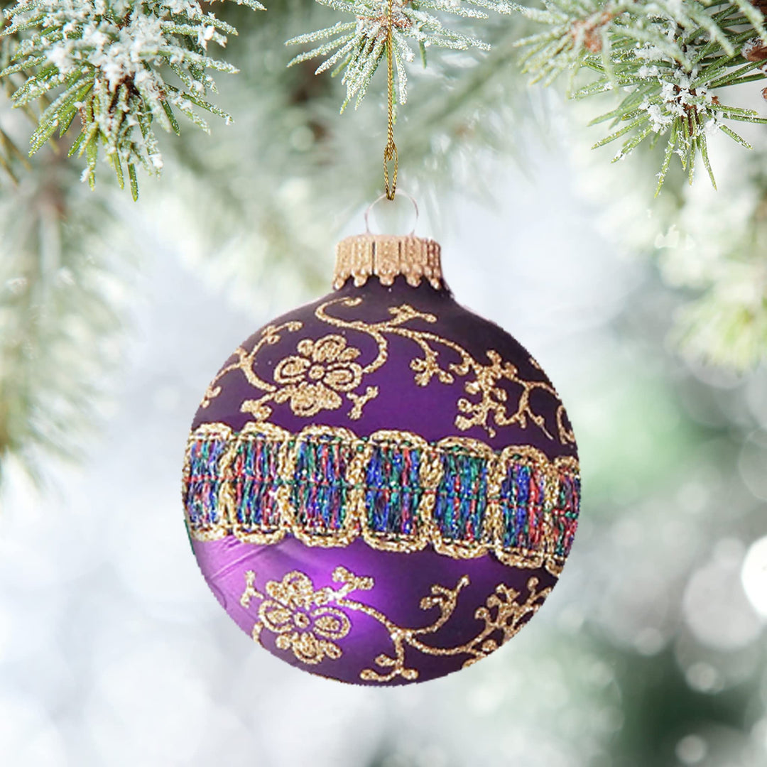 Glass Christmas Tree Ornaments - 67mm/2.63" [4 Pieces] Decorated Balls from Christmas by Krebs Seamless Hanging Holiday Decor (Shiny and Velvet Purple with Glitter & Braid)