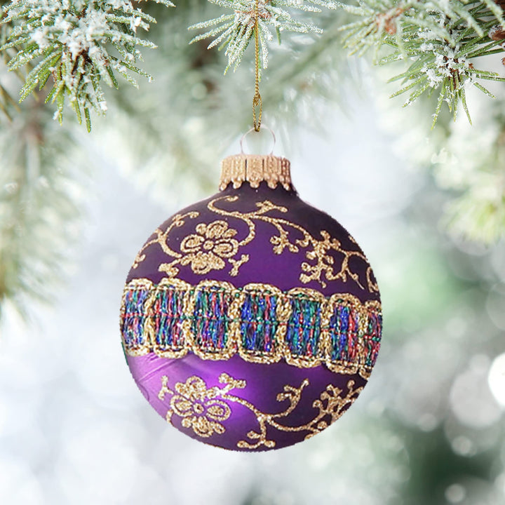 Glass Christmas Tree Ornaments - 67mm/2.63" [4 Pieces] Decorated Balls from Christmas by Krebs Seamless Hanging Holiday Decor (Shiny and Velvet Purple with Glitter & Braid)