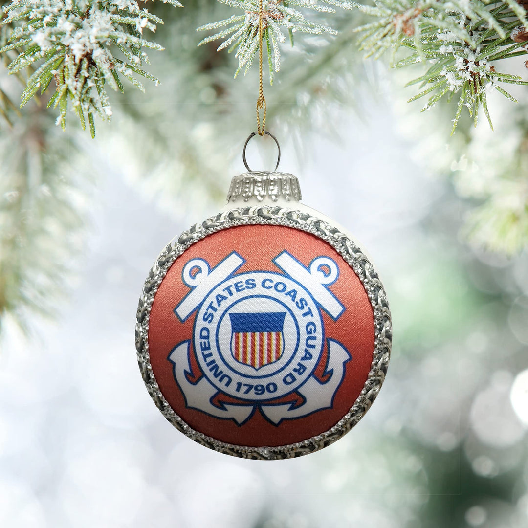 Christmas Tree Ornaments Made in the USA - 80mm / 3.25" Decorated Collectible Glass Balls from Christmas by Krebs - Handmade Hanging Holiday Decoration for Trees (USCG Logo & Hymn, Silk)