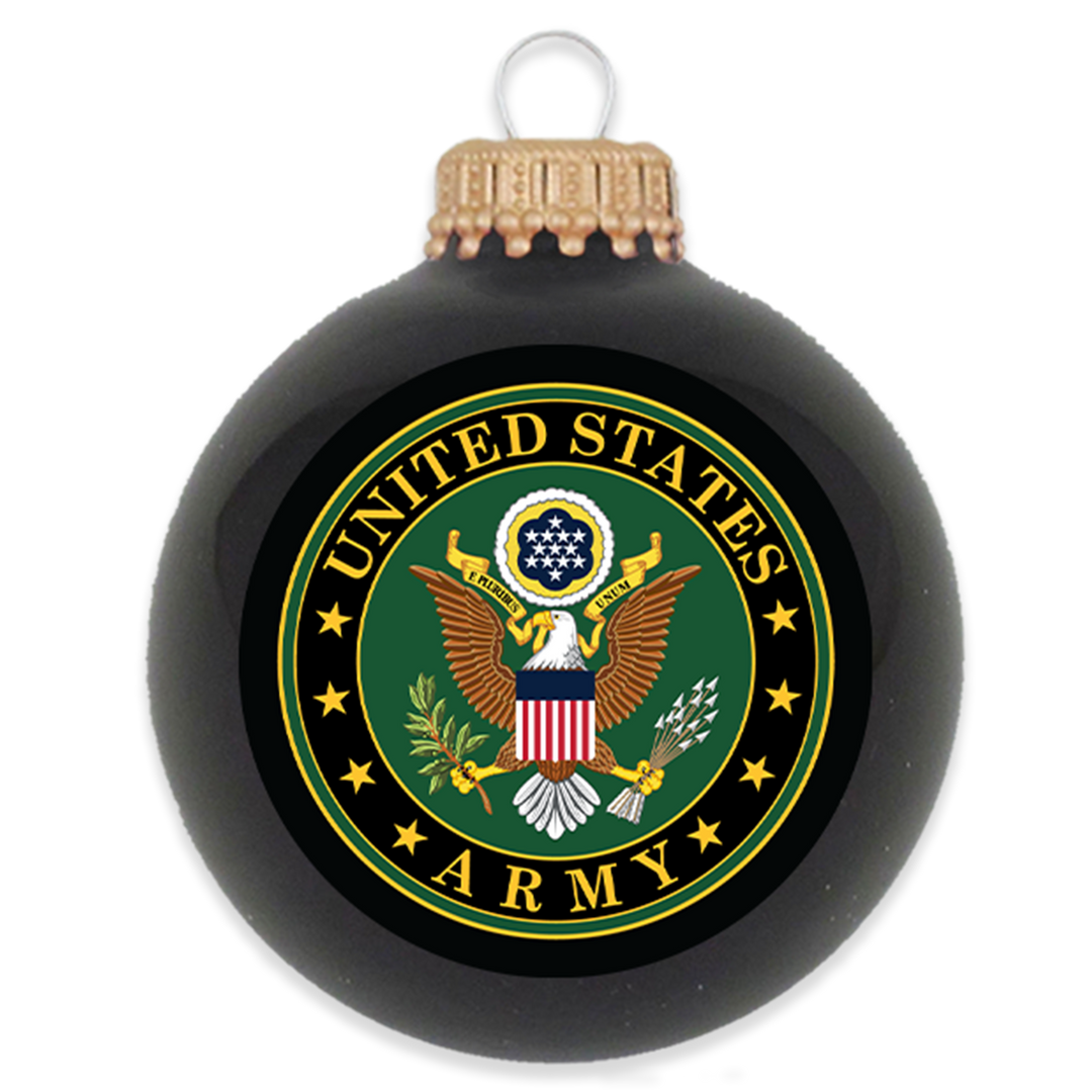 Christmas Tree Ornaments Made in the USA - 80mm / 3.25" Decorated Collectible Glass Balls from Christmas by Krebs - Handmade Hanging Holiday Decoration for Trees (US Army Logo & Hymn)