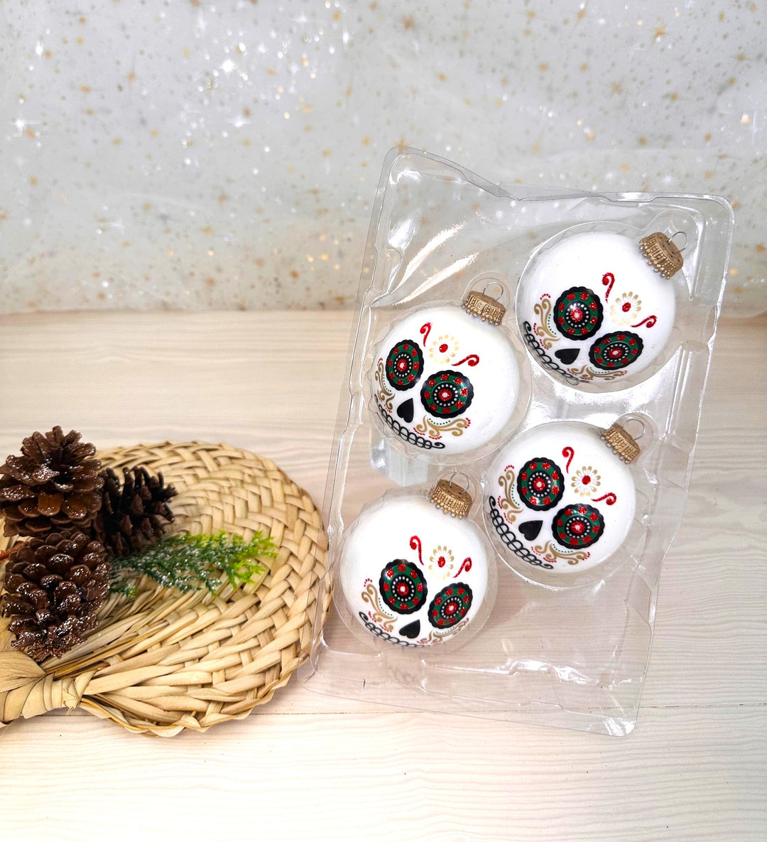 Halloween Tree Ornaments - 67mm/2.625" Decorated Glass Balls from Christmas by Krebs - Handmade Seamless Hanging Holiday Decorations for Trees - Set of 4 (Shiny Porcelain White with Day of the Dead #2)