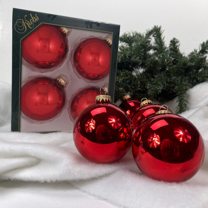 Glass Christmas Tree Ornaments - 80mm / 3.25" [4 Pieces] Designer Balls from Christmas By Krebs Seamless Hanging Holiday Decor (Christmas Red)