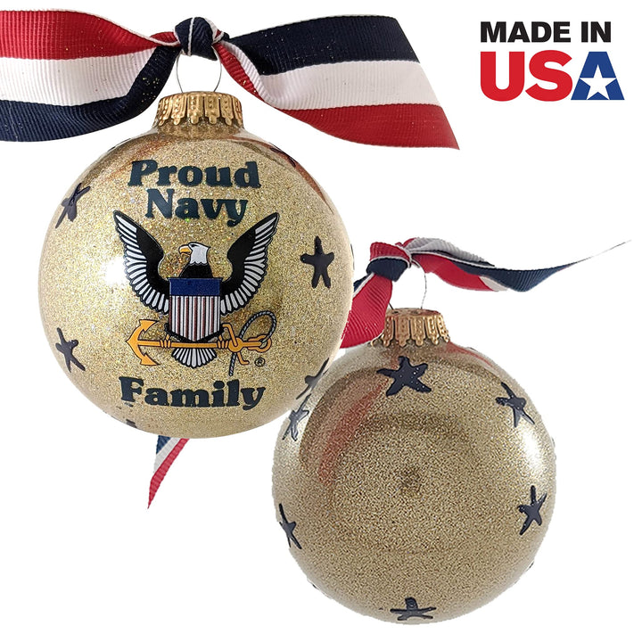 Christmas Tree Ornaments Made in the USA - 80mm / 3.25" Decorated Collectible Glass Balls from Christmas by Krebs - Handmade Hanging Holiday Decorations for Trees (HUGS Proud Navy Family, Silk)