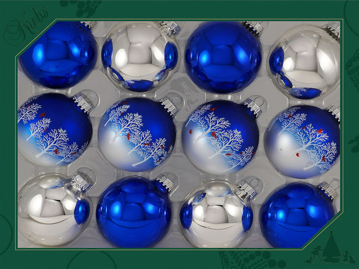 Glass Christmas Tree Ornaments - 67mm/2.63" Designer Balls from Christmas by Krebs - Seamless Hanging Holiday Decorations for Trees - Set of 12 Ornaments (Silver and Blue with Trees and Cardinals)