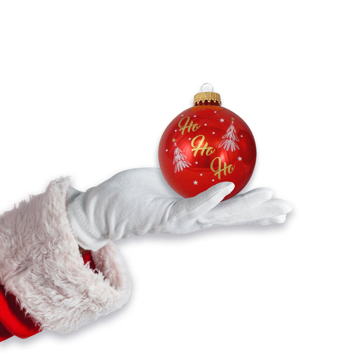 Glass Christmas Tree Ornaments - 67mm/2.63" [4 Pieces] Decorated Balls from Christmas by Krebs Seamless Hanging Holiday Decor (Candy Apple Red & Flame Red with Ho Ho Ho)