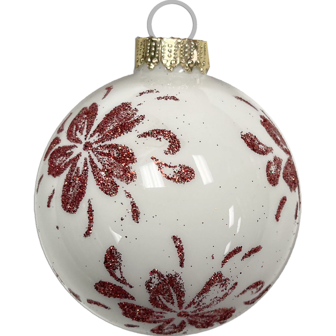 Glass Christmas Tree Ornaments - 67mm/2.625" [4 Pieces] Decorated Balls from Christmas by Krebs Seamless Hanging Holiday Decor (Porcelain White with Red Christmas Flower)