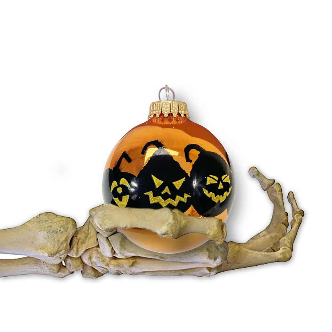 Halloween Tree Ornaments - 67mm/2.625" Decorated Glass Balls from Christmas by Krebs - Handmade Seamless Hanging Holiday Decorations for Trees - Set of 4 (Shiny Orange Crush with Jack-O-Lanters)
