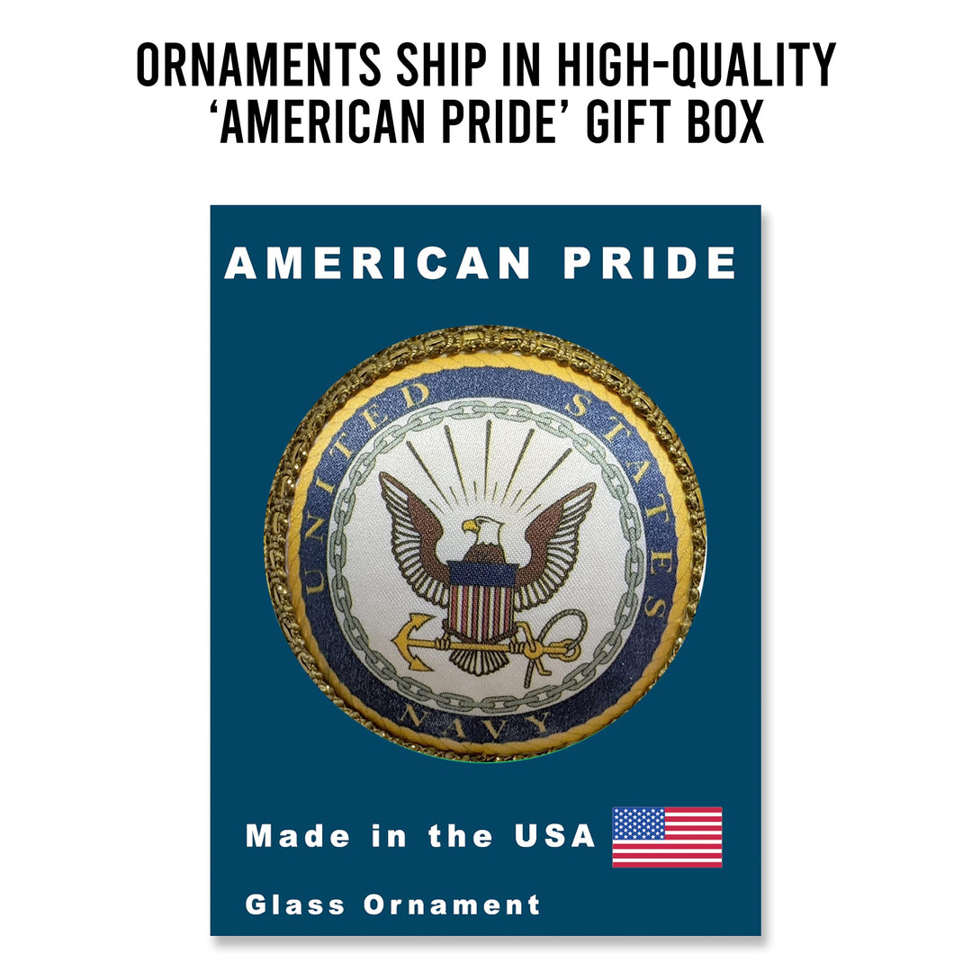 Christmas Tree Ornaments Made in the USA - 80mm / 3.25" Decorated Collectible Glass Balls from Christmas by Krebs - Handmade Hanging Holiday Decoration for Trees (USN Logo and Hymn, Silk)