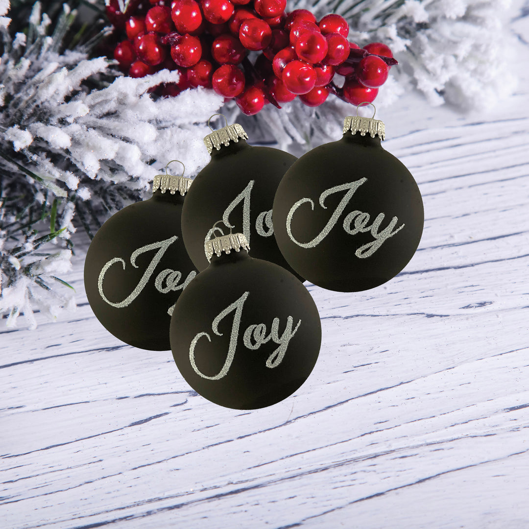 Glass Christmas Tree Ornaments - 67mm/2.625" [4 Pieces] Decorated Balls from Christmas by Krebs Seamless Hanging Holiday Decor (Ebony Velvet with White Glitter Joy)