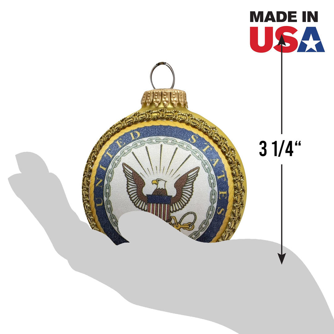 Christmas Tree Ornaments Made in the USA - 80mm / 3.25" Decorated Collectible Glass Balls from Christmas by Krebs - Handmade Hanging Holiday Decoration for Trees (USN Logo and Hymn, Silk)