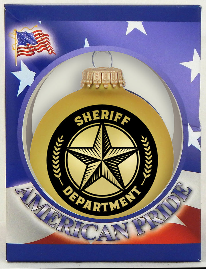 Christmas Tree Ornaments - 80mm / 3.25" Decorated Collectible Glass Balls from Christmas by Krebs - Handmade Hanging Holiday Decorations for Trees (Sherriff Logo on Gold Velvet)
