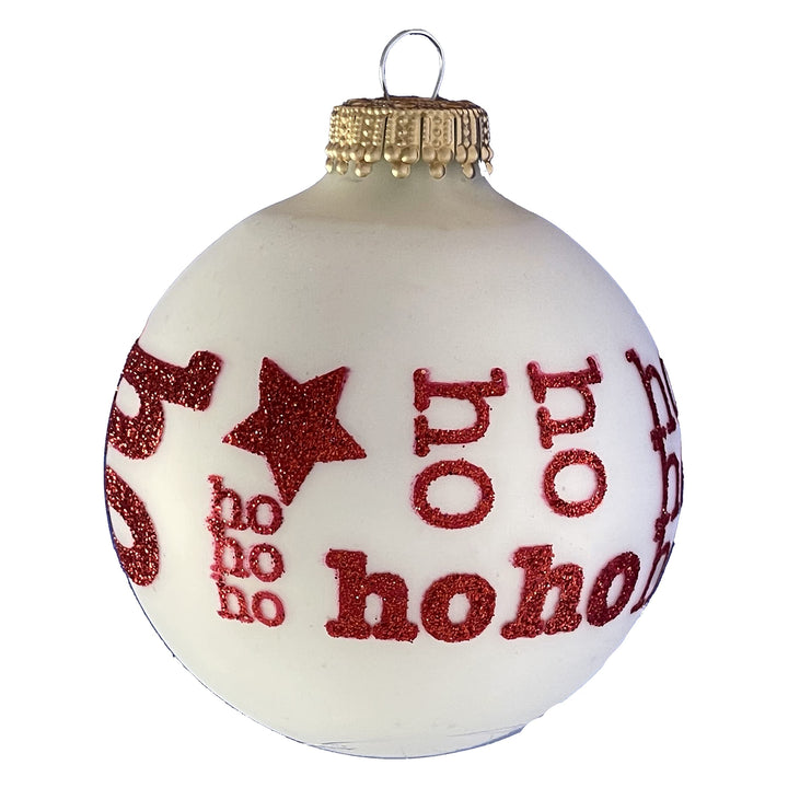Glass Christmas Tree Ornaments - 67mm/2.63" [4 Pieces] Decorated Balls from Christmas by Krebs Seamless Hanging Holiday Decor (Porcelain White with Ho Ho Ho)