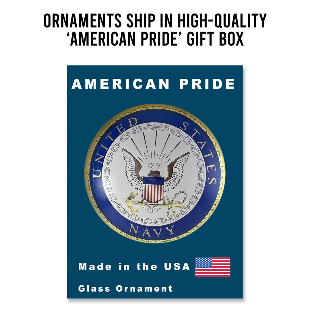 Christmas Tree Ornaments Made in the USA - 80mm / 3.25" Decorated Collectible Glass Balls from Christmas by Krebs - Handmade Hanging Holiday Decoration for Trees (USN Logo & Hymn)