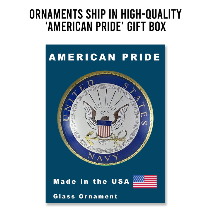 Christmas Tree Ornaments Made in the USA - 80mm / 3.25" Decorated Collectible Glass Balls from Christmas by Krebs - Handmade Hanging Holiday Decoration for Trees (USN Logo & Hymn)