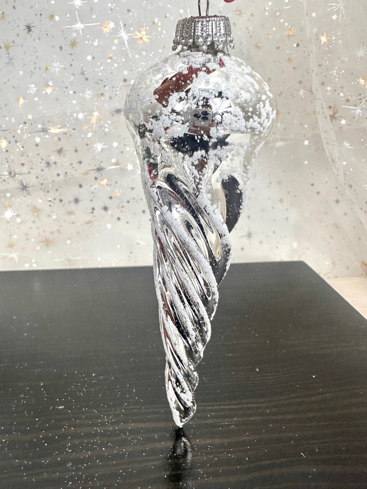 Glass Christmas Tree Ornaments - Decorated from Christmas by Krebs - Handmade Seamless Hanging Holiday Decorations for Trees (6" Bright Silver & White Glitter Twisted Icicles [3 Pieces])