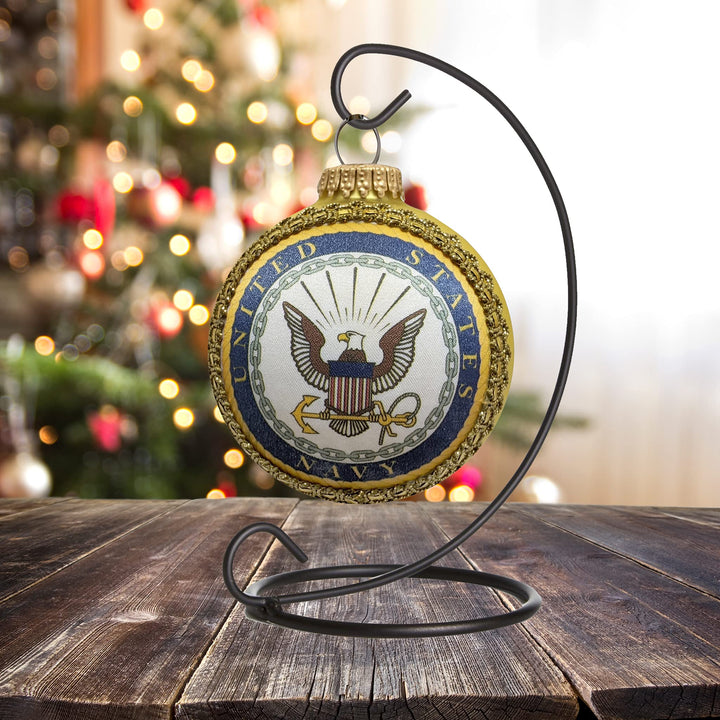 Christmas Tree Ornaments Made in the USA - 80mm / 3.25" Decorated Collectible Glass Balls from Christmas by Krebs - Handmade Hanging Holiday Decoration for Trees (USN Logo and Hymn, Silk)