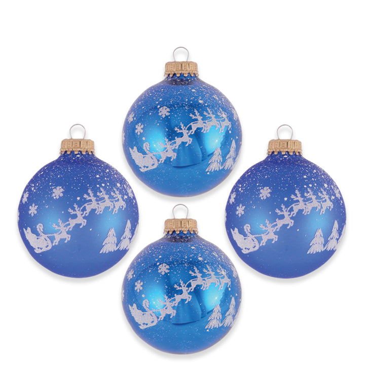 Glass Christmas Tree Ornaments - 67mm/2.63" [4 Pieces] Decorated Balls from Christmas by Krebs Seamless Hanging Holiday Decor (Classic Blue Shine with Santa Sleigh)