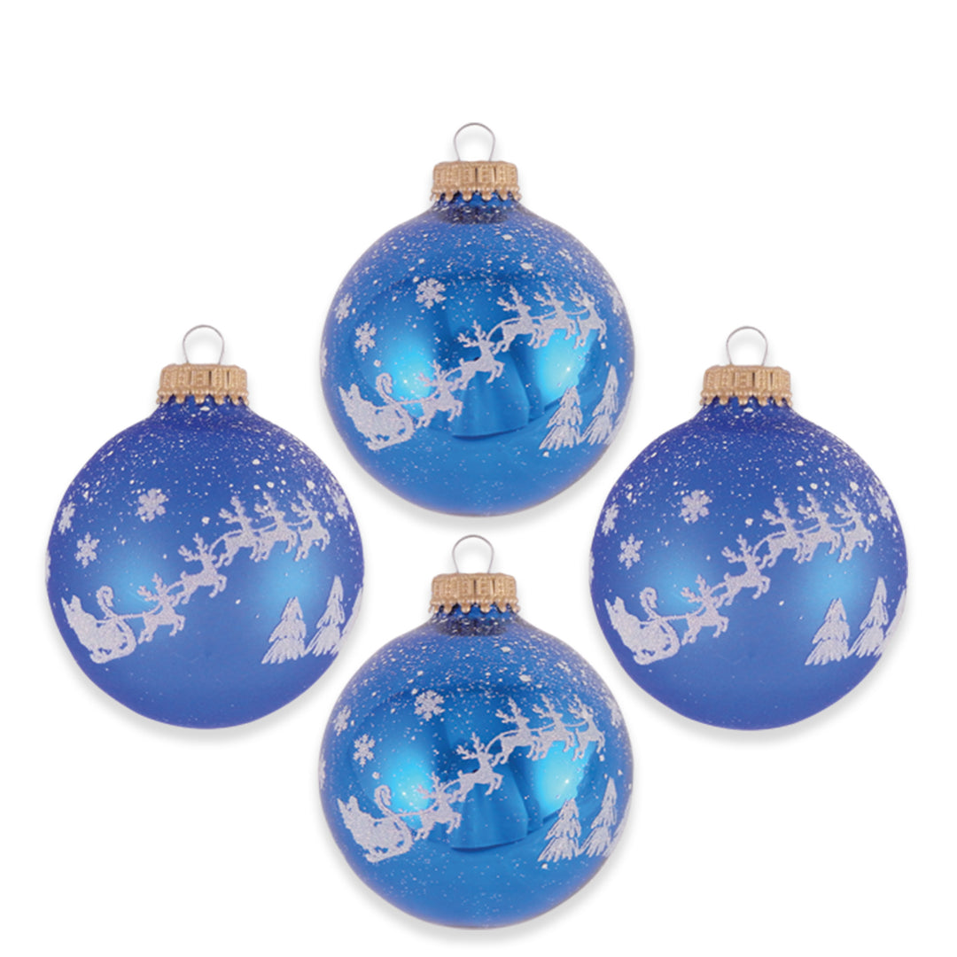 Glass Christmas Tree Ornaments - 67mm/2.63" [4 Pieces] Decorated Balls from Christmas by Krebs Seamless Hanging Holiday Decor (Classic Blue Shine with Santa Sleigh)