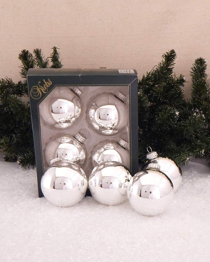 Glass Christmas Tree Ornaments - 80mm / 3.25" [4 Pieces] Designer Balls from Christmas By Krebs Seamless Hanging Holiday Decor (Bright Silver)