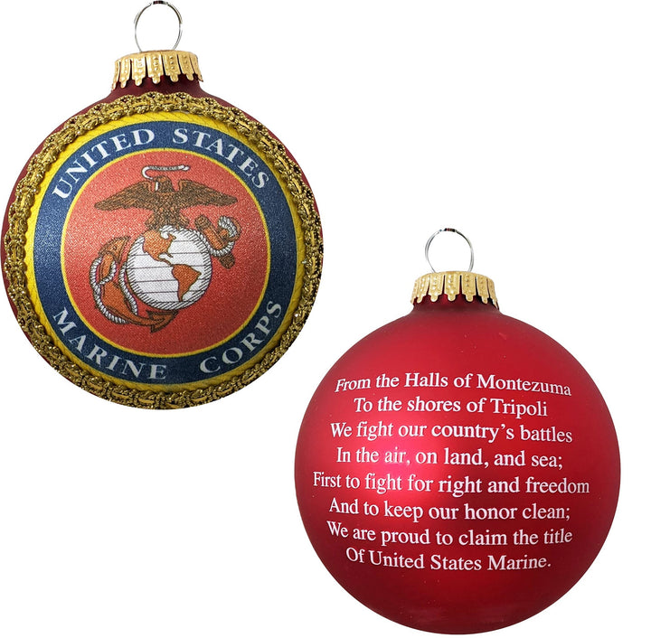 Christmas Tree Ornaments Made in the USA - 80mm / 3.25" Decorated Collectible Glass Balls from Christmas by Krebs - Handmade Hanging Holiday Decoration for Trees (USMC Logo and Hymn, Silk)