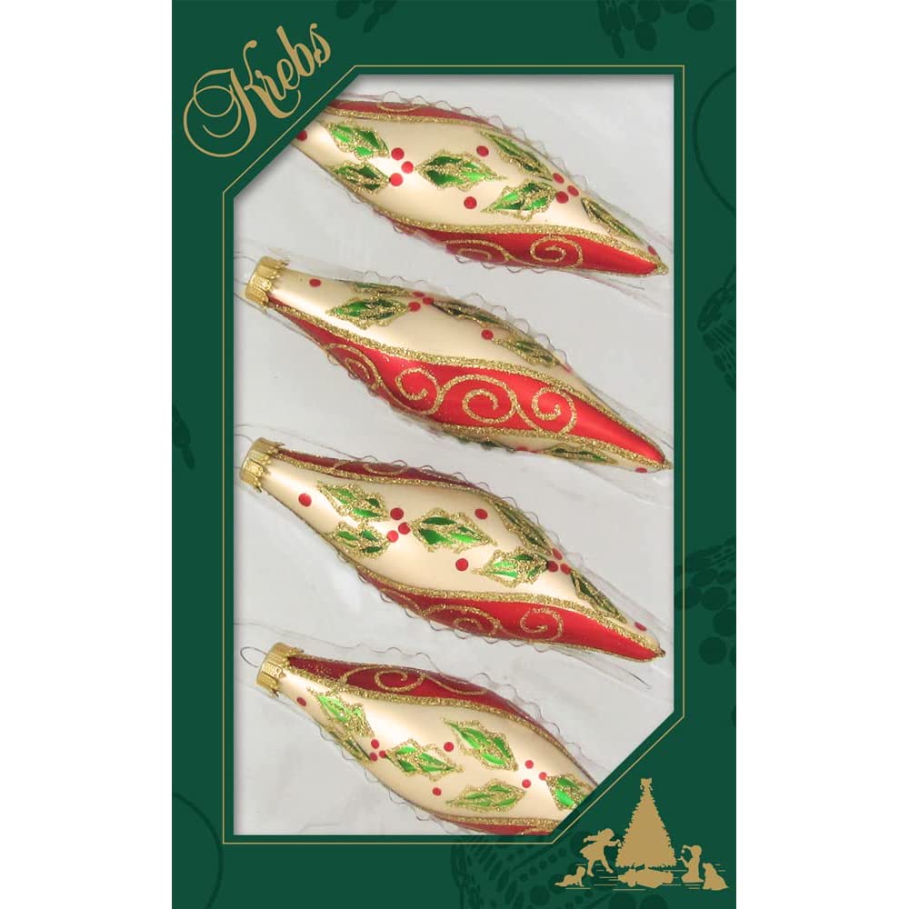 Glass Christmas Tree Ornaments - 67mm/2.63" [4 Pieces] Decorated Balls from Christmas by Krebs Seamless Hanging Holiday Decor (Chiffon Gold 4" Finial with Holly & Scrolls)
