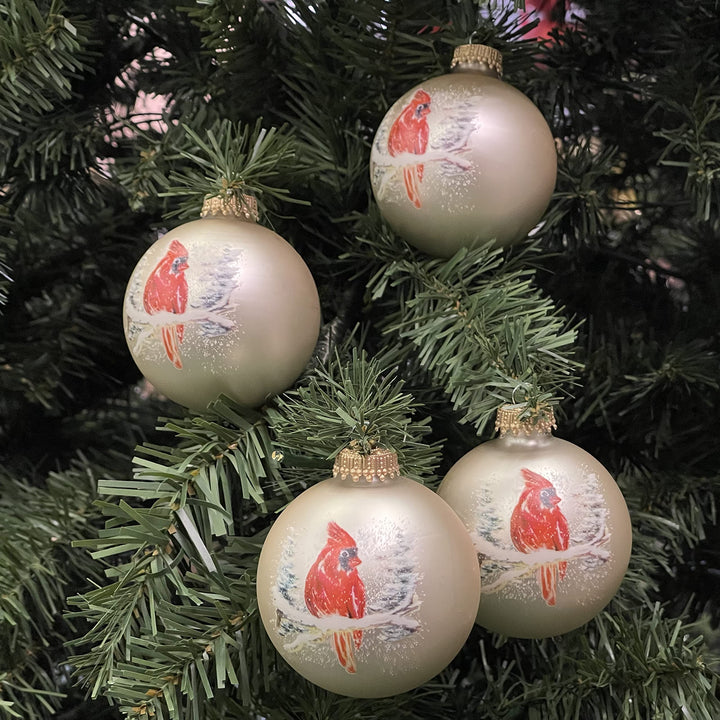 Glass Christmas Tree Ornaments - 67mm/2.625" [4 Pieces] Decorated Balls from Christmas by Krebs Seamless Hanging Holiday Decor (Velvet Oyster with Cardinal)