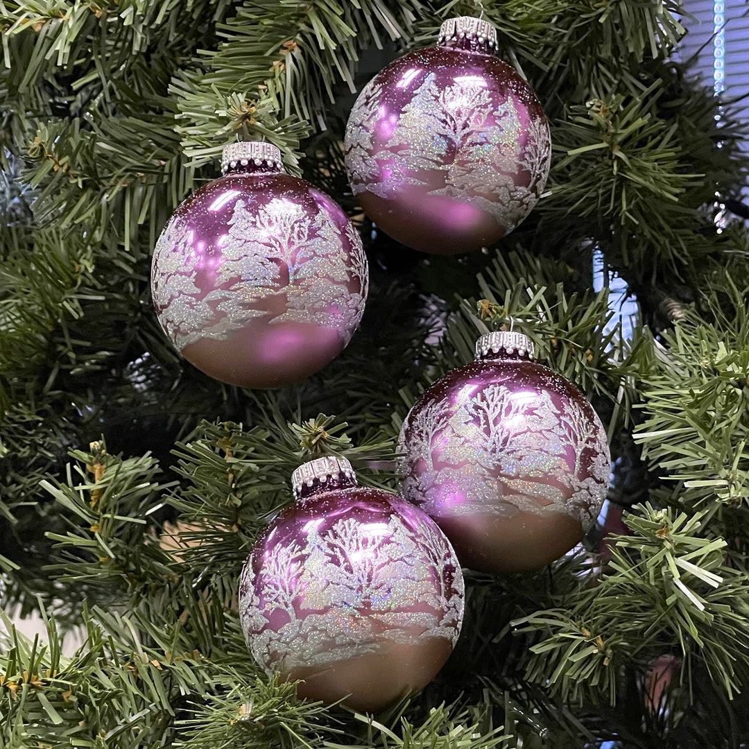 Glass Christmas Tree Ornaments - 67mm/2.625" [4 Pieces] Decorated Balls from Christmas by Krebs Seamless Hanging Holiday Decor (Shiny Purple and Gray Velvet with White Trees)