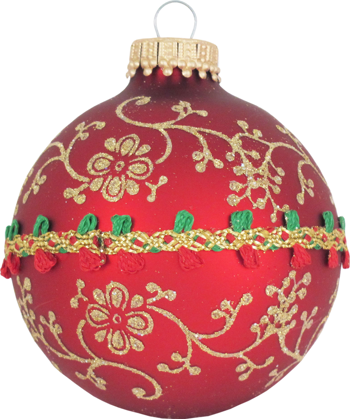 Glass Christmas Tree Ornaments - 67mm/2.63" [4 Pieces] Decorated Balls from Christmas by Krebs Seamless Hanging Holiday Decor (Red & Velvet w/ Glitterlace and Braid)
