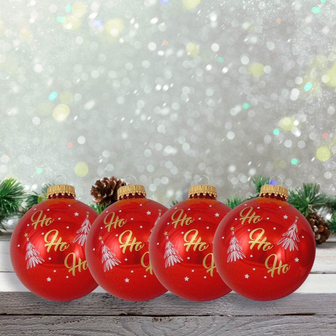 Glass Christmas Tree Ornaments - 67mm/2.63" [4 Pieces] Decorated Balls from Christmas by Krebs Seamless Hanging Holiday Decor (Candy Apple Red & Flame Red with Ho Ho Ho)