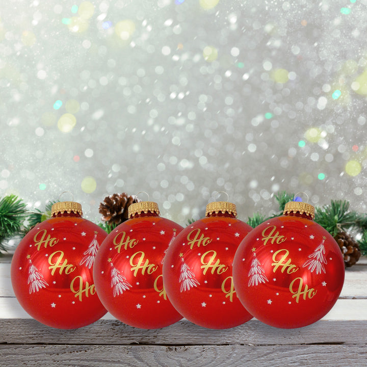 Glass Christmas Tree Ornaments - 67mm/2.63" [4 Pieces] Decorated Balls from Christmas by Krebs Seamless Hanging Holiday Decor (Candy Apple Red & Flame Red with Ho Ho Ho)