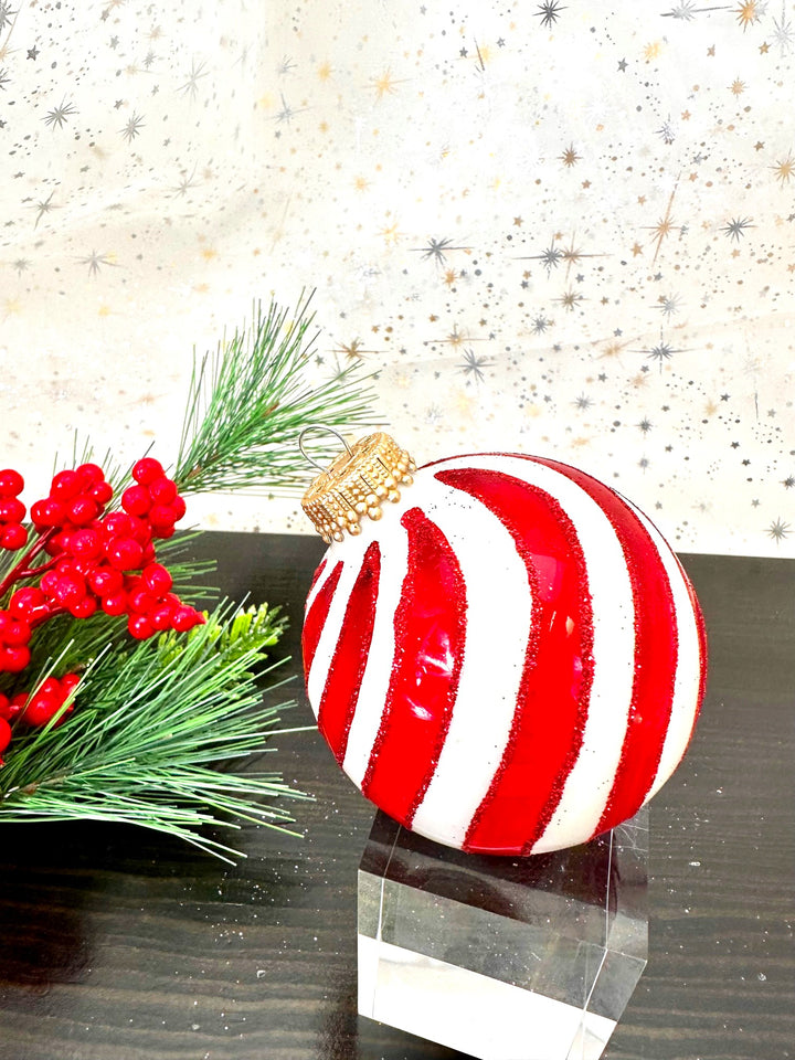 Glass Christmas Tree Ornaments - 67mm/2.63" [4 Pieces] Decorated Balls from Christmas by Krebs Seamless Hanging Holiday Decor (Porcelain White with Red Swirls)
