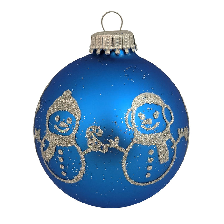 Glass Christmas Tree Ornaments - 67mm/2.625" [4 Pieces] Decorated Balls from Christmas by Krebs Seamless Hanging Holiday Decor (Classic Blue Velvet with Silver Glitter Snowman Band)
