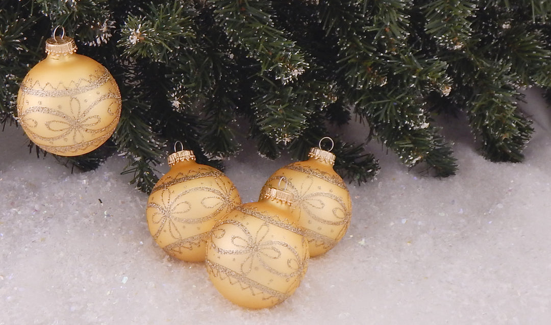 Glass Christmas Tree Ornaments - 67mm/2.625" [4 Pieces] Decorated Balls from Christmas by Krebs Seamless Hanging Holiday Decor (Velvet Gold with Lacy Design)