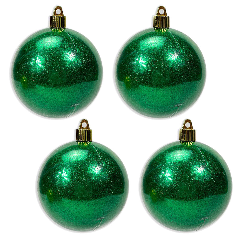 Christmas By Krebs 4" (100mm) Green Sparkle [4 Pieces] Solid Commercial Grade Indoor and Outdoor Shatterproof Plastic, Water Resistant Ball Ornament Decorations