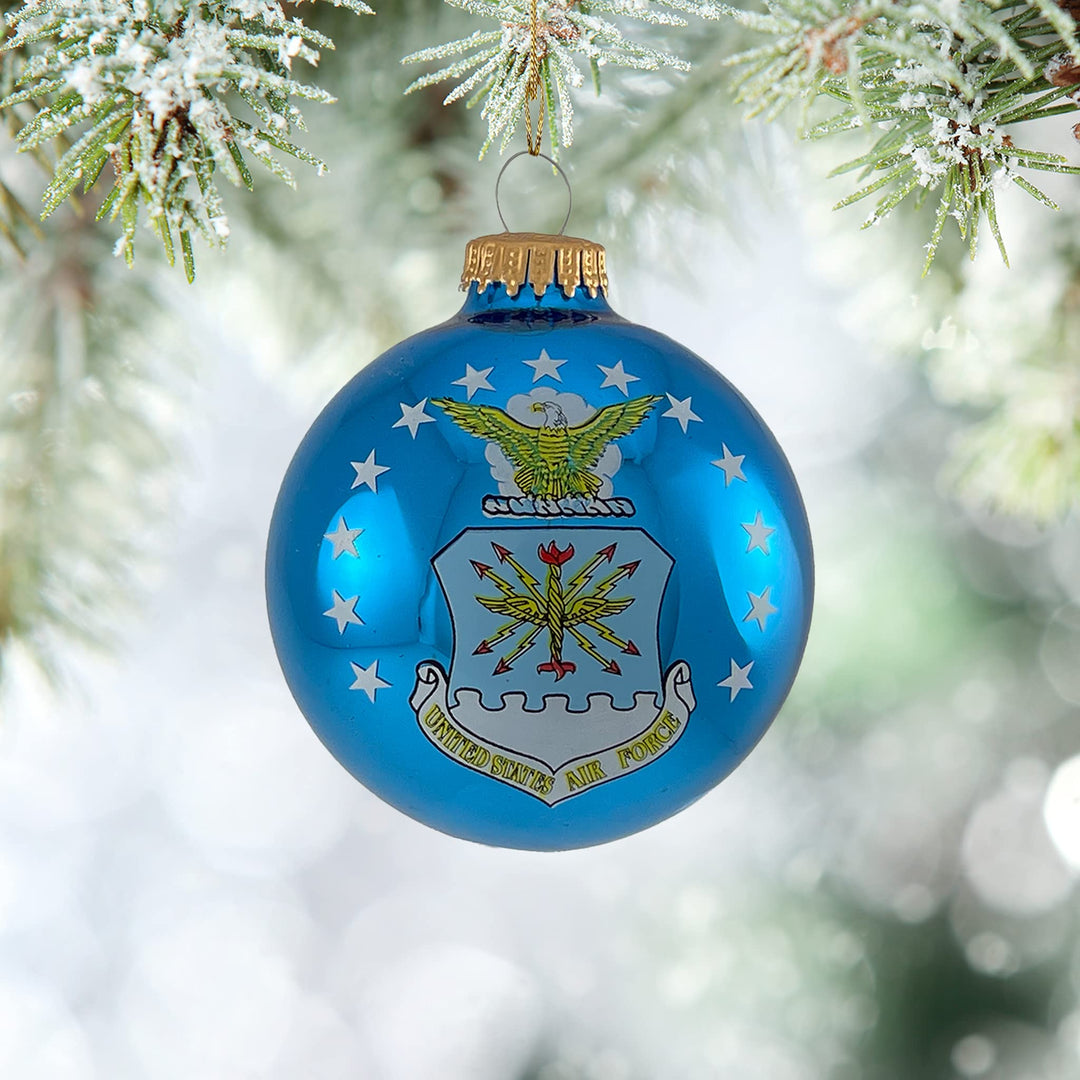 Christmas Tree Ornaments Made in the USA - 80mm / 3.25" Decorated Collectible Glass Balls from Christmas by Krebs - Handmade Hanging Holiday Decoration for Trees (USAF with Est Date, Flag)