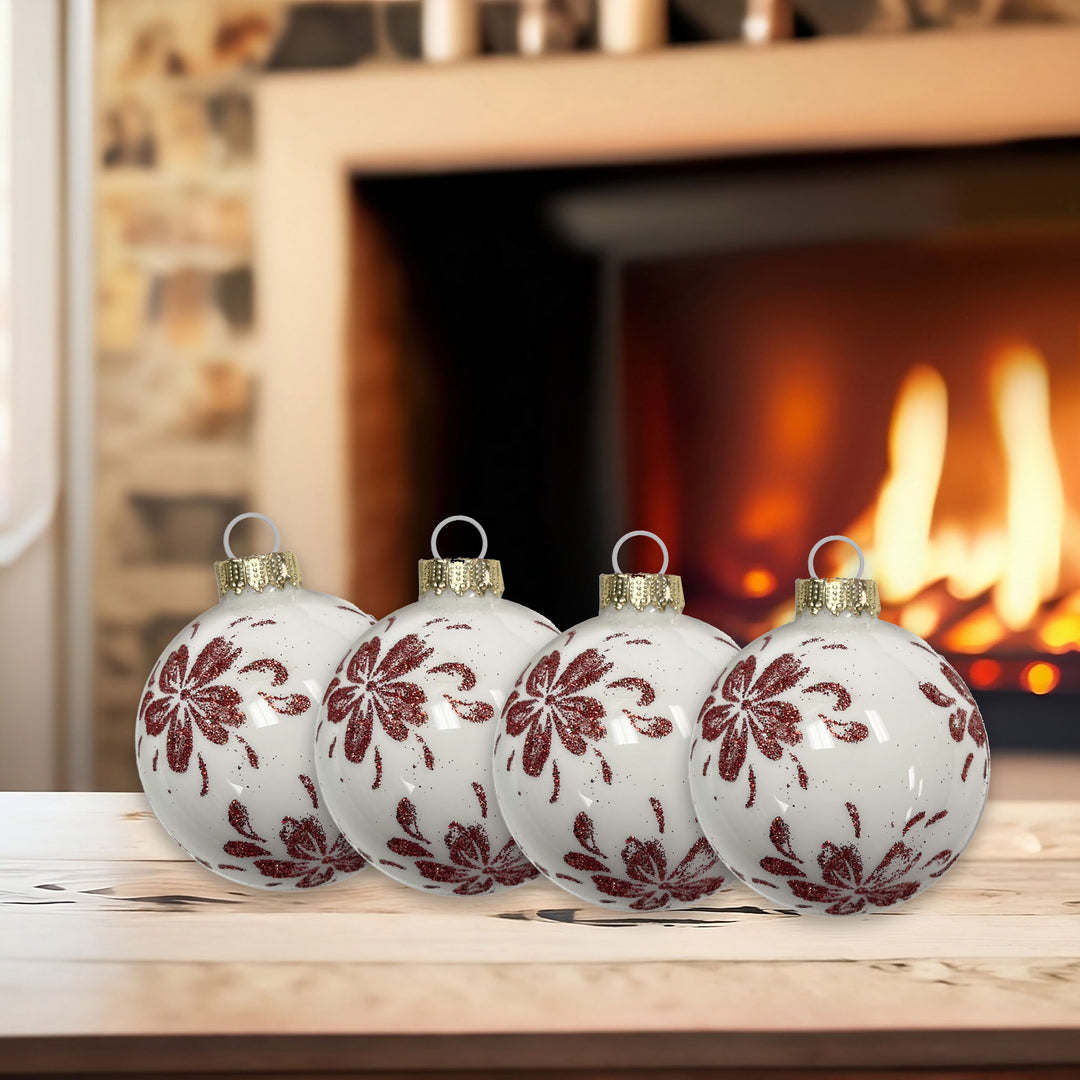 Glass Christmas Tree Ornaments - 67mm/2.625" [4 Pieces] Decorated Balls from Christmas by Krebs Seamless Hanging Holiday Decor (Porcelain White with Red Christmas Flower)