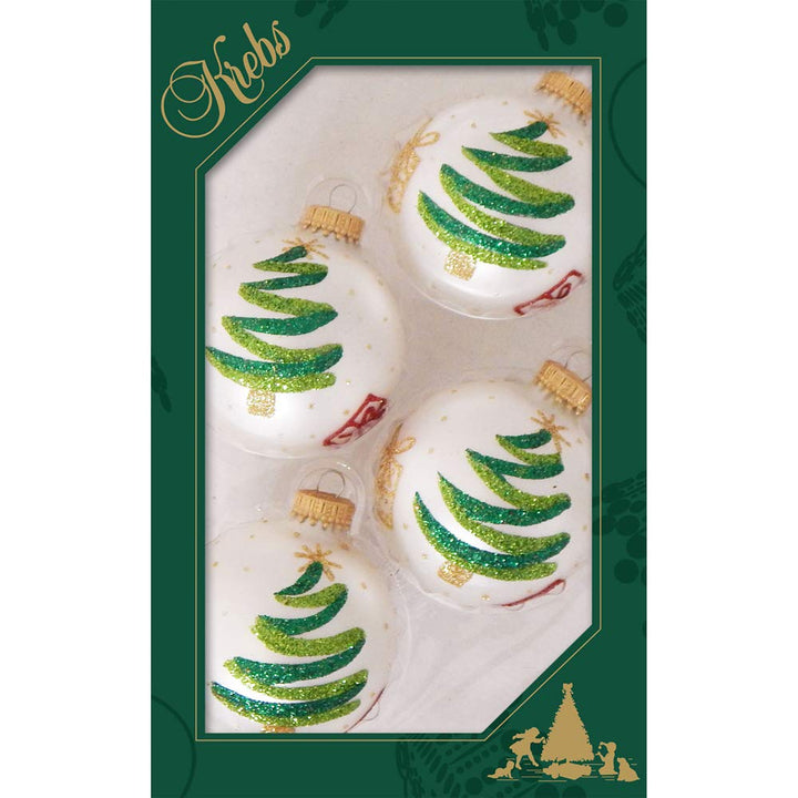 Glass Christmas Tree Ornaments - 67mm/2.63" [4 Pieces] Decorated Balls from Christmas by Krebs Seamless Hanging Holiday Decor (Silver Pearl with Tree and Gifts)