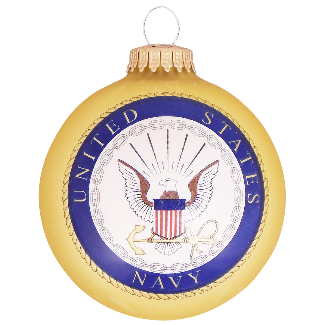 Christmas Tree Ornaments Made in the USA - 80mm / 3.25" Decorated Collectible Glass Balls from Christmas by Krebs - Handmade Hanging Holiday Decoration for Trees (USN Logo & Hymn, Matte)