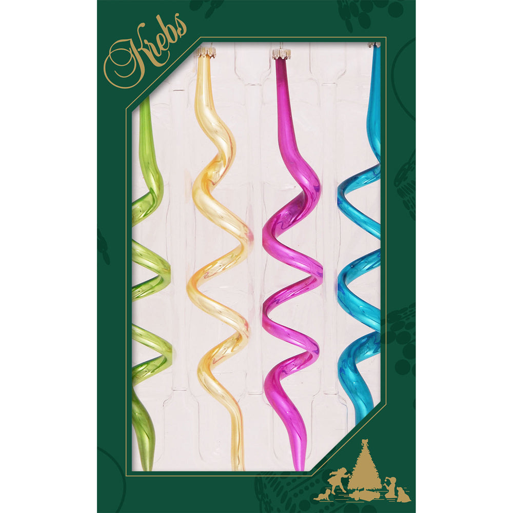 Glass Christmas Tree Ornaments - Decorated from Christmas by Krebs - Handmade Seamless Hanging Holiday Decorations for Trees (7.5" Candy Brights Corkscrews [4 Pieces])