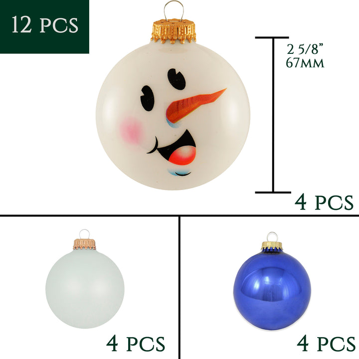 Glass Christmas Tree Ornaments - 67mm/2.63" Designer Balls from Christmas by Krebs - Seamless Hanging Holiday Decorations for Trees - Set of 12 Ornaments (Blue and White with Snowman Face)
