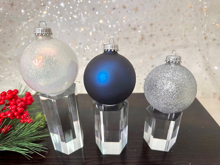 Glass Christmas Tree Ornaments - 67mm/2.63" Designer Balls from Christmas by Krebs - Seamless Hanging Holiday Decorations for Trees - Set of 12 Ornaments (Sparkle White Dark Blue & Glitter Light Blue)