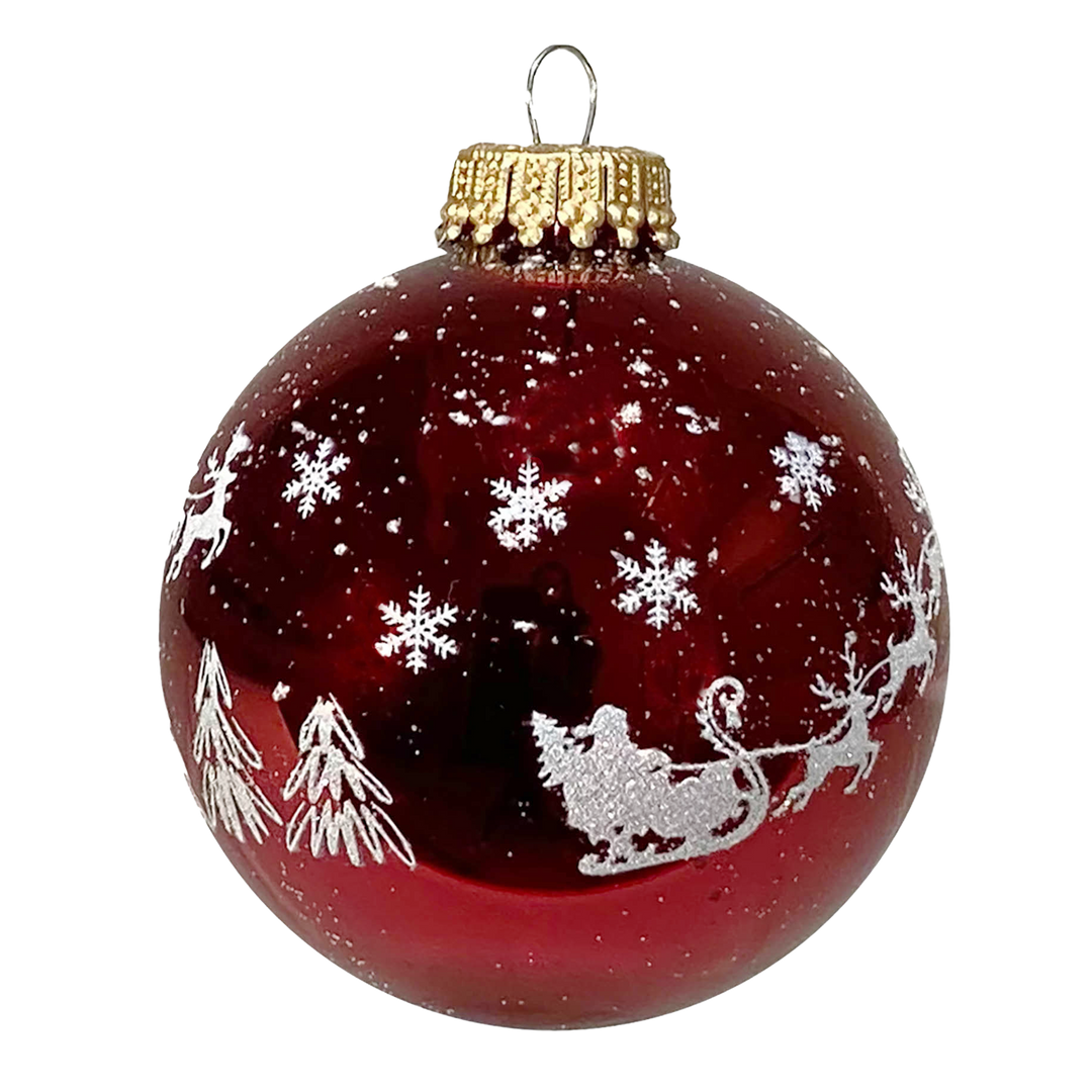 Glass Christmas Tree Ornaments - 67mm/2.63" [4 Pieces] Decorated Balls from Christmas by Krebs Seamless Hanging Holiday Decor (Christmas Red with Flying Santa Sleigh)