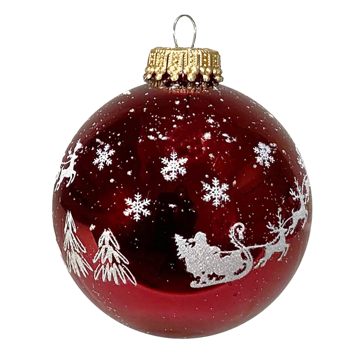 Glass Christmas Tree Ornaments - 67mm/2.63" [4 Pieces] Decorated Balls from Christmas by Krebs Seamless Hanging Holiday Decor (Christmas Red with Flying Santa Sleigh)