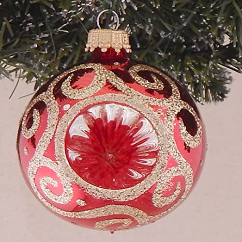 Glass Christmas Tree Ornaments - 67mm/2.63" [4 Pieces] Decorated Balls from Christmas by Krebs Seamless Hanging Holiday Decor (Christmas Red Reflectors with Gold Scrolls)